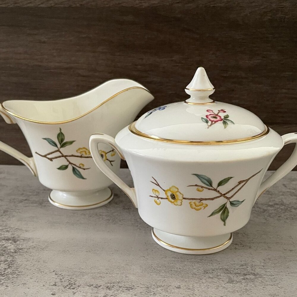 Vintage Royal Worcester Blossom Time Covered Sugar Creamer 3-PC Bone China MINT